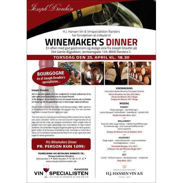 Winemakers Dinner m/ Joseph Drouhin torsdag d. 25.4.2024 