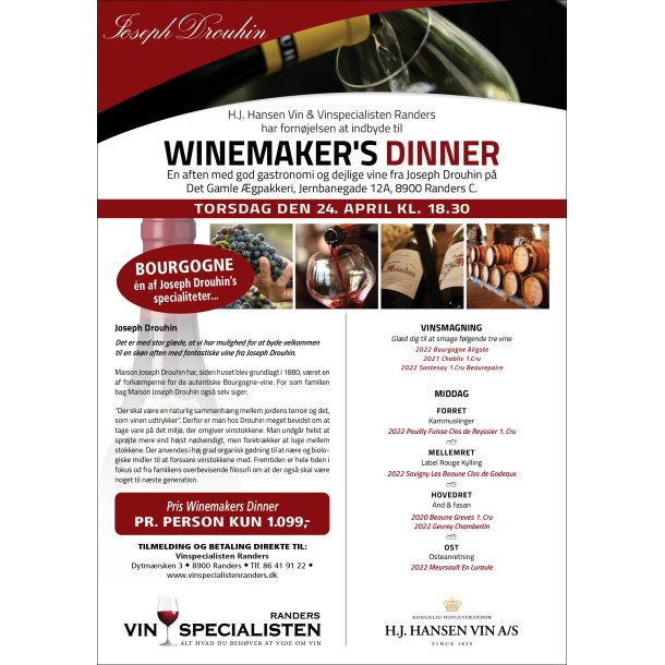 Winemakers Dinner m/ Joseph Drouhin torsdag d. 24.4.25 kl. 18.30